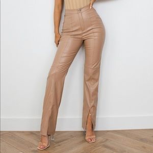 Missguided Petite Mocha Faux Leather Split Front Straight Leg Pants